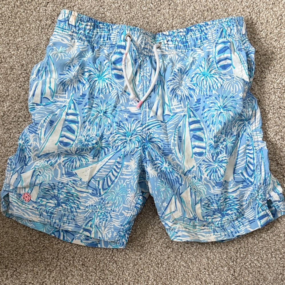 Lilly Pulitzer Blue and White Boys Swim Trunks Large 8-10